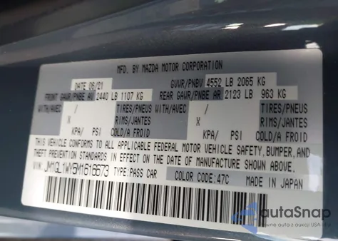 2021 Mazda Mazda6 Carbon Edition from USA, damaged, VIN JM1GL1WY5M1616673